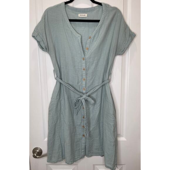 Roolee Linen Gauze sage green button down midi dress with tie belt medium - Picture 1 of 5
